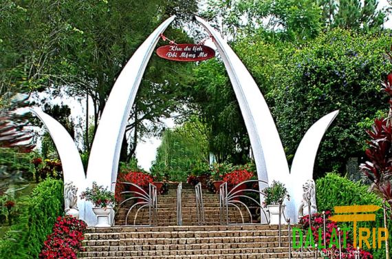 Cổng vào khu du lịch Đồi Mộng Mơ tại Đà Lạt với hàng thông xanh hai bên